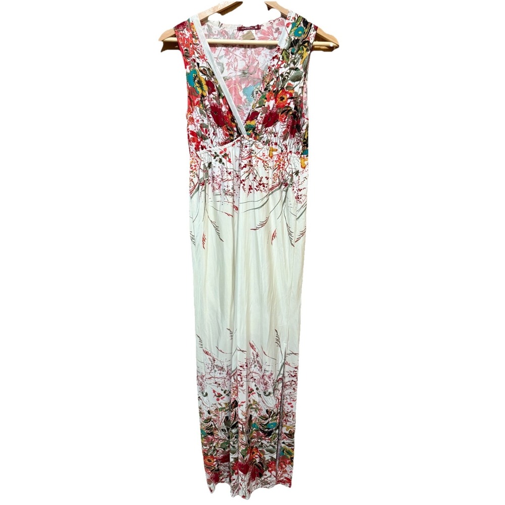 Seivergate‎ Sleeveless Dress Size Medium Cream Red Green Floral Maxi EUC